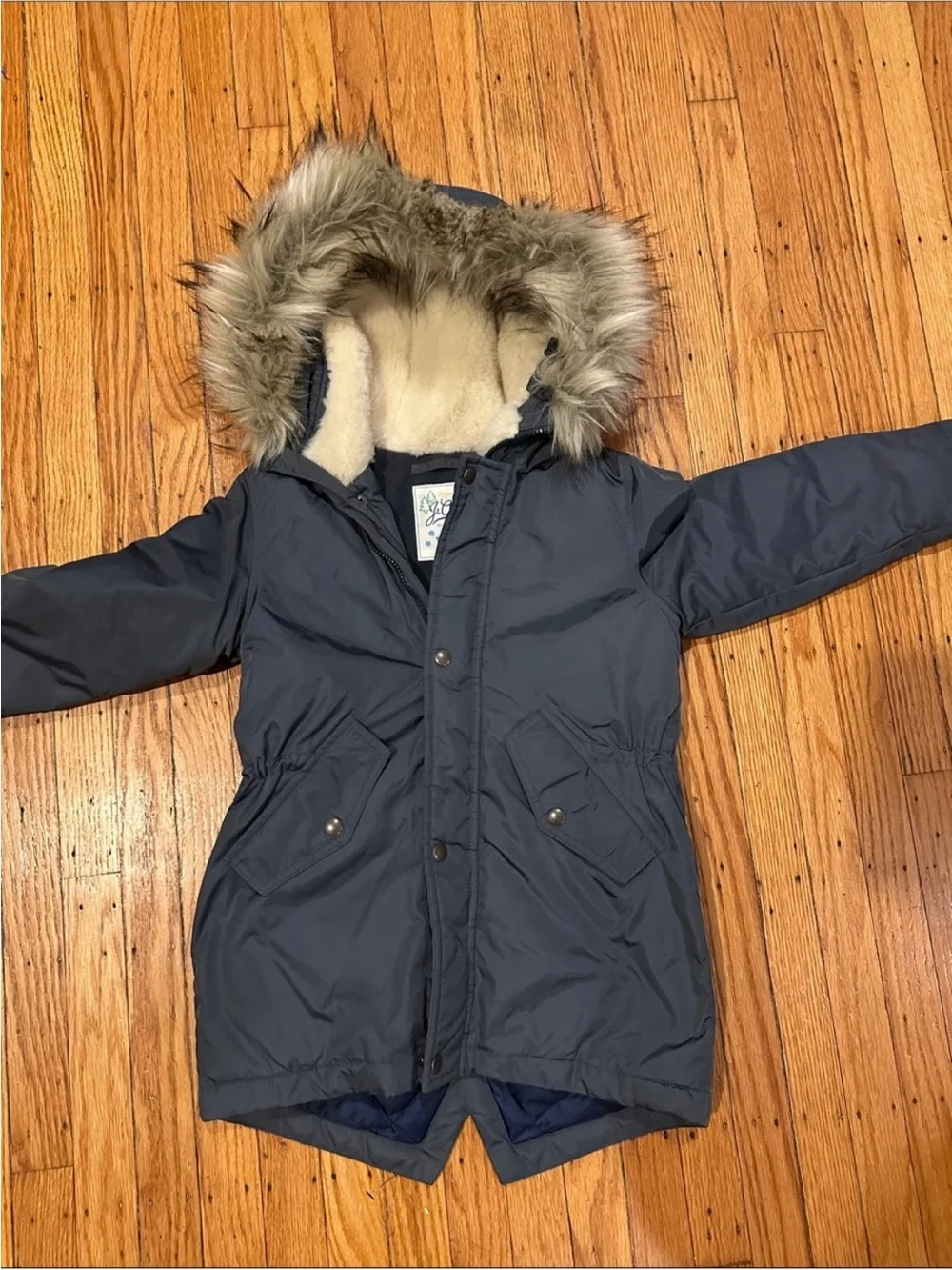 J. Crew Kids Navy Hooded Puffer Coat with Faux-Fur Trim